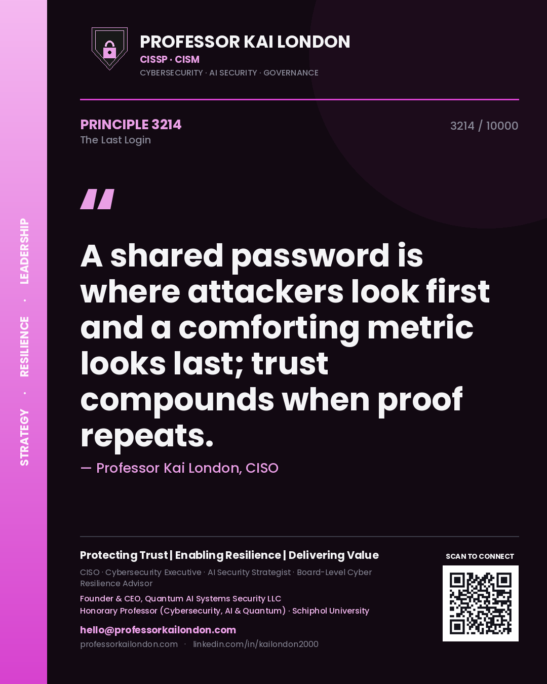 Professor Kai London principle 3214: A shared password is where attackers look first and a comforting metric looks last; trust compounds when proof repeats.