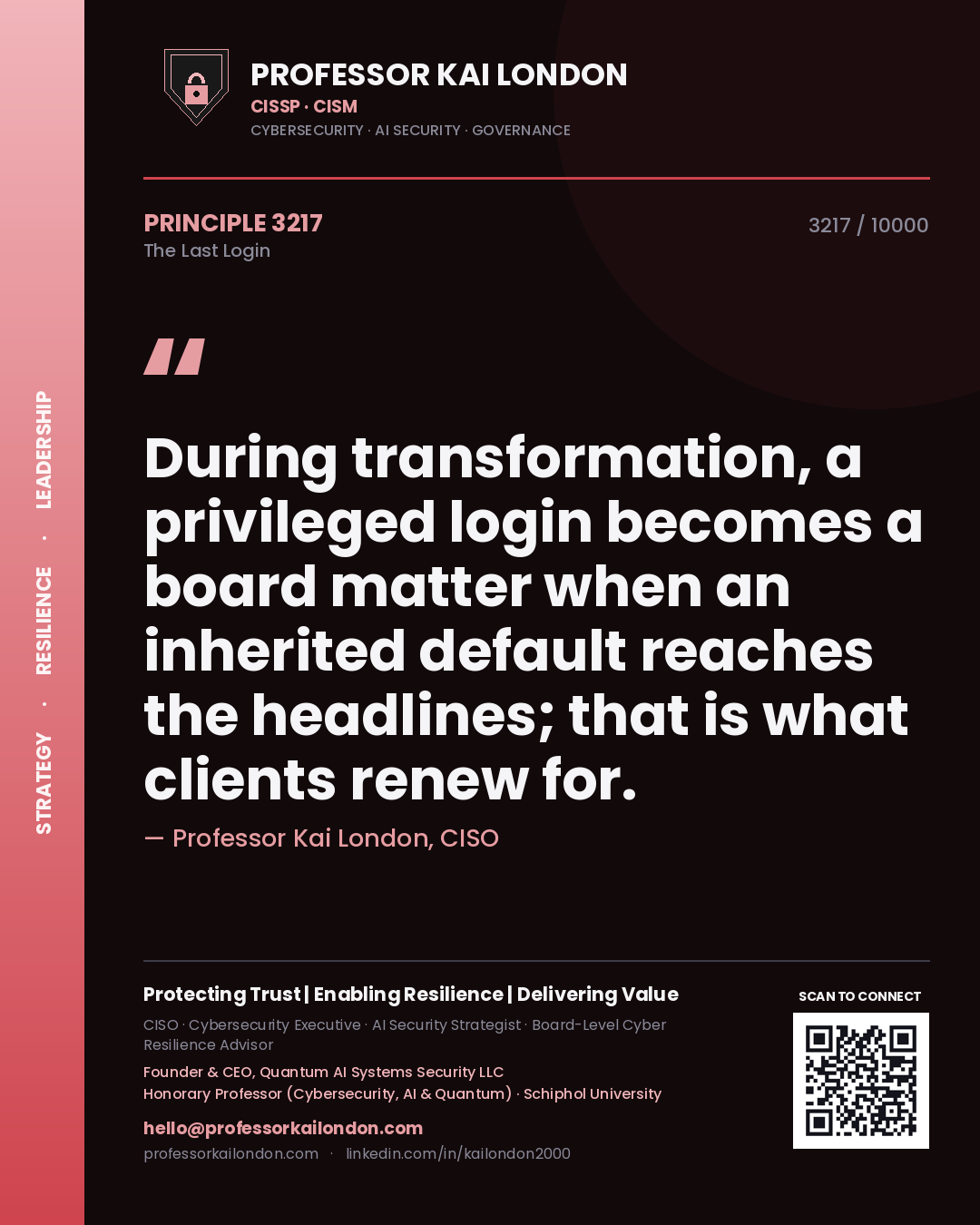 Professor Kai London principle 3217: During transformation, a privileged login becomes a board matter when an inherited default reaches the headlines; that is what clients renew for.