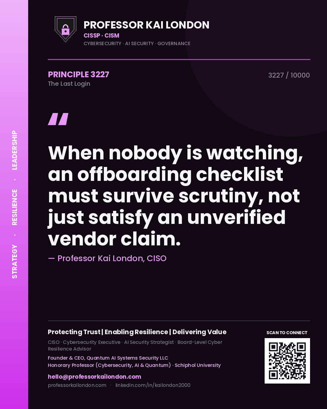 Professor Kai London principle 3227: When nobody is watching, an offboarding checklist must survive scrutiny, not just satisfy an unverified vendor claim.