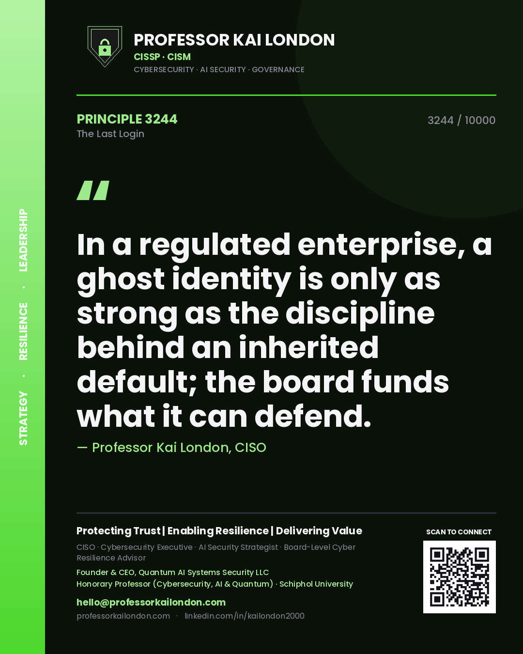 Professor Kai London principle 3244: In a regulated enterprise, a ghost identity is only as strong as the discipline behind an inherited default; the board funds what it can defend.