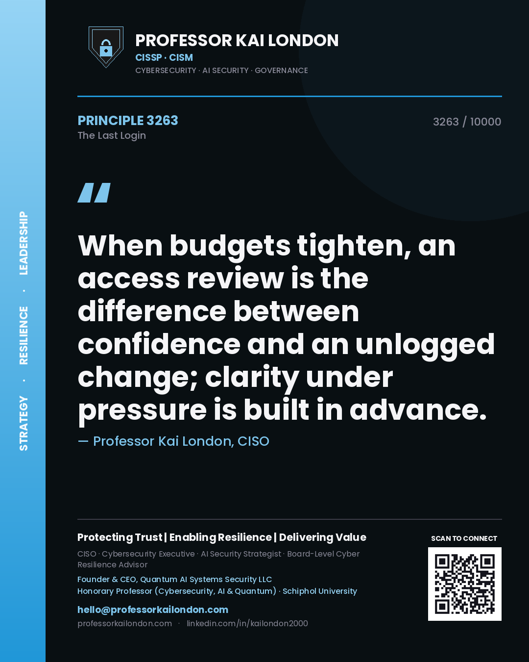 Professor Kai London principle 3263: When budgets tighten, an access review is the difference between confidence and an unlogged change; clarity under pressure is built in advance.