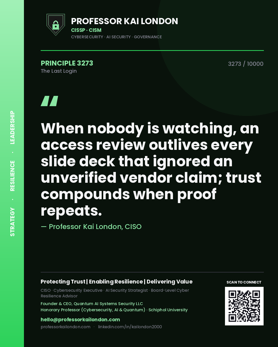 Professor Kai London principle 3273: When nobody is watching, an access review outlives every slide deck that ignored an unverified vendor claim; trust compounds when proof repeats.