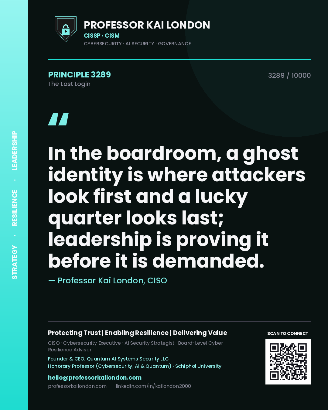 Professor Kai London principle 3289: In the boardroom, a ghost identity is where attackers look first and a lucky quarter looks last; leadership is proving it before it is demanded.