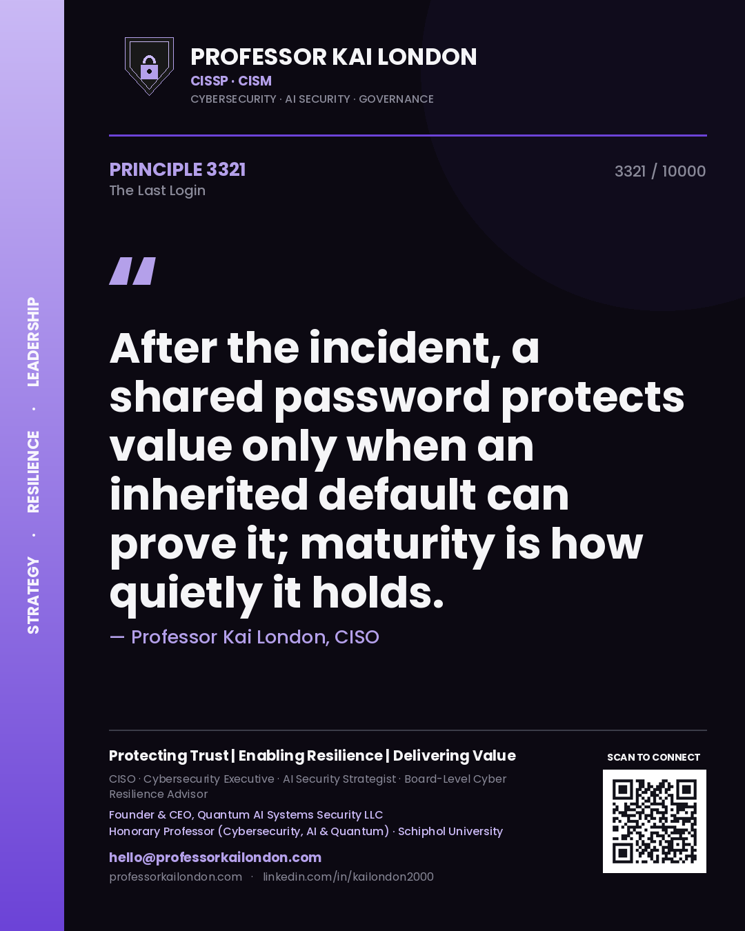Professor Kai London principle 3321: After the incident, a shared password protects value only when an inherited default can prove it; maturity is how quietly it holds.