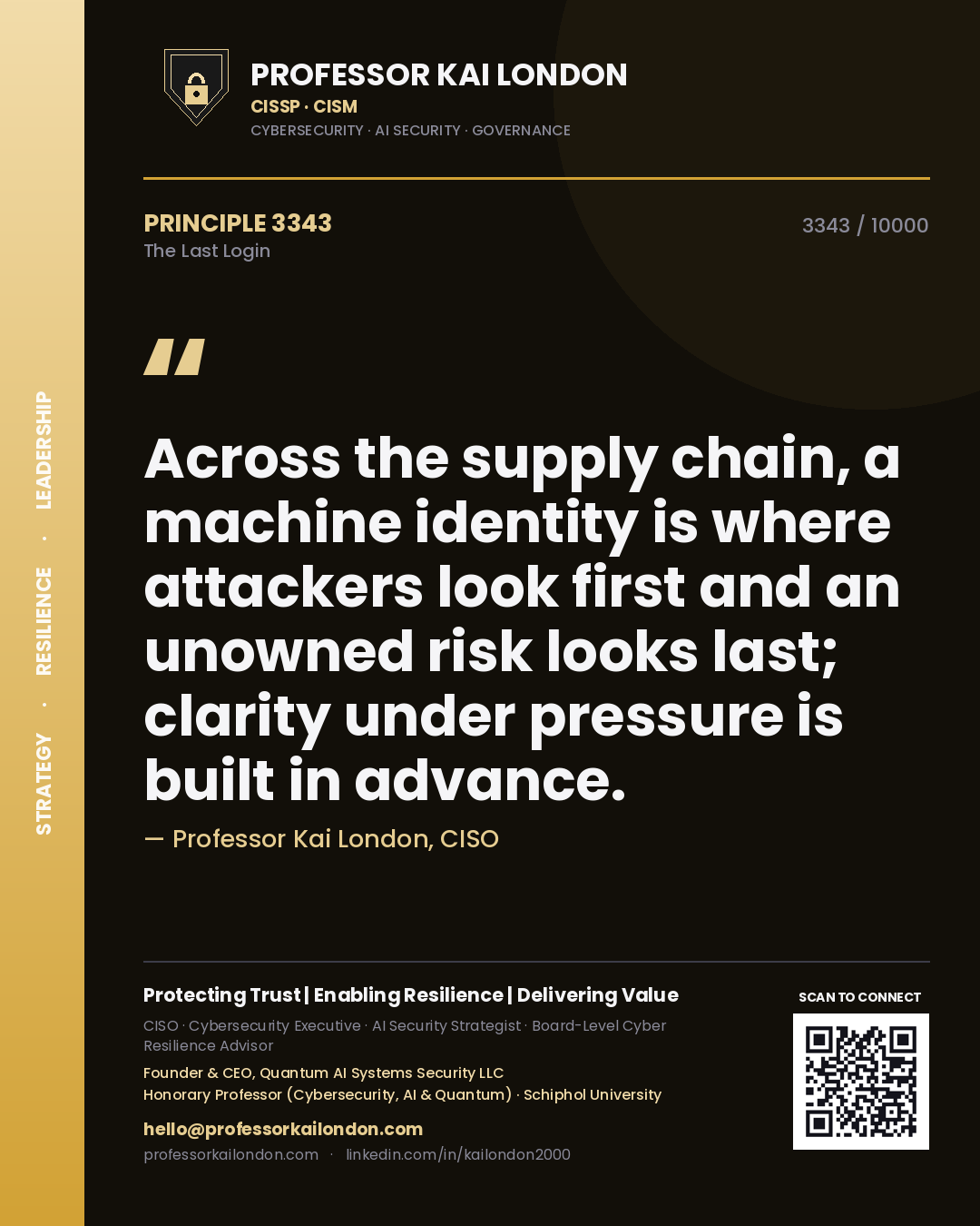 Professor Kai London principle 3343: Across the supply chain, a machine identity is where attackers look first and an unowned risk looks last; clarity under pressure is built in advance.