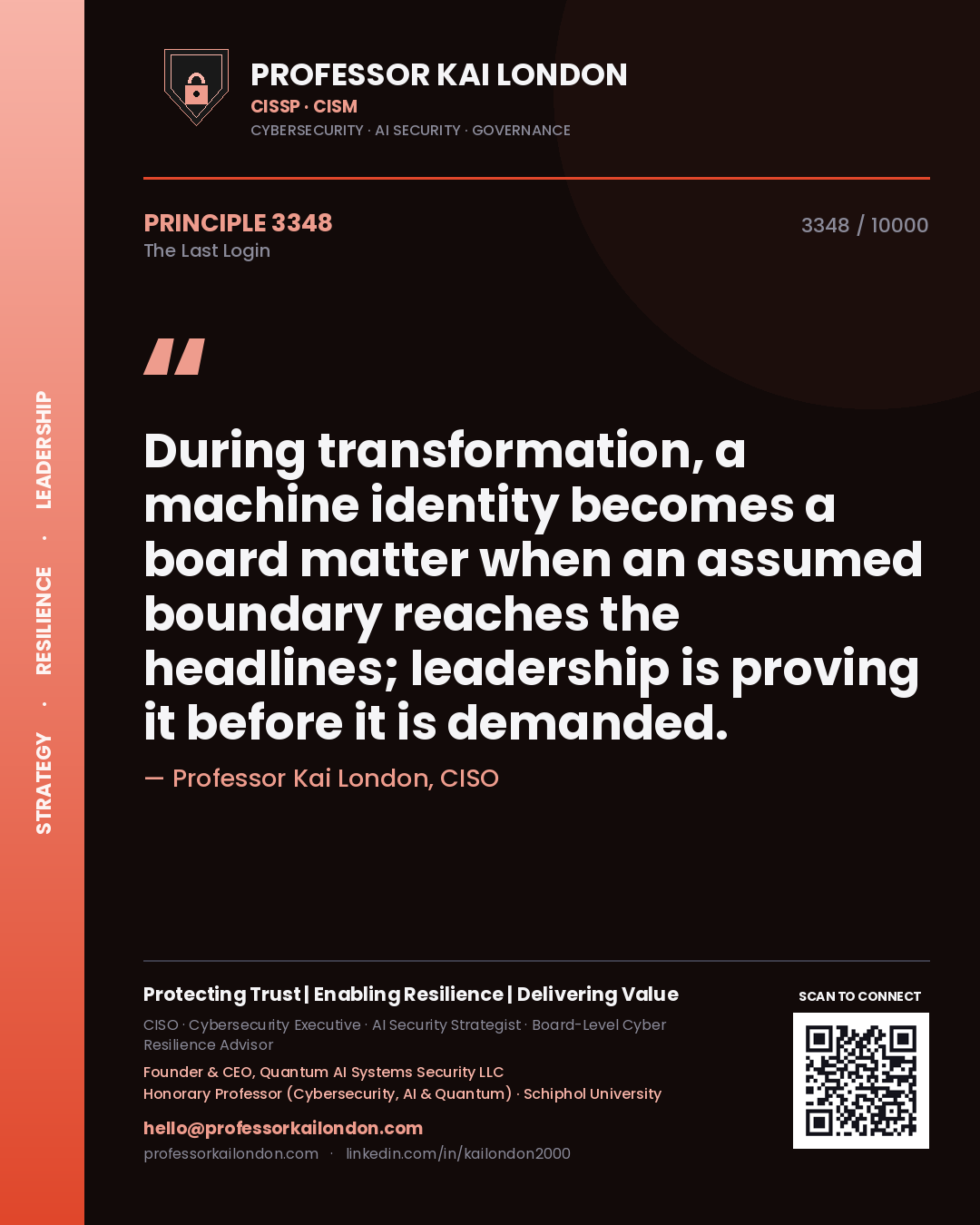 Professor Kai London principle 3348: During transformation, a machine identity becomes a board matter when an assumed boundary reaches the headlines; leadership is proving it before it is demanded.