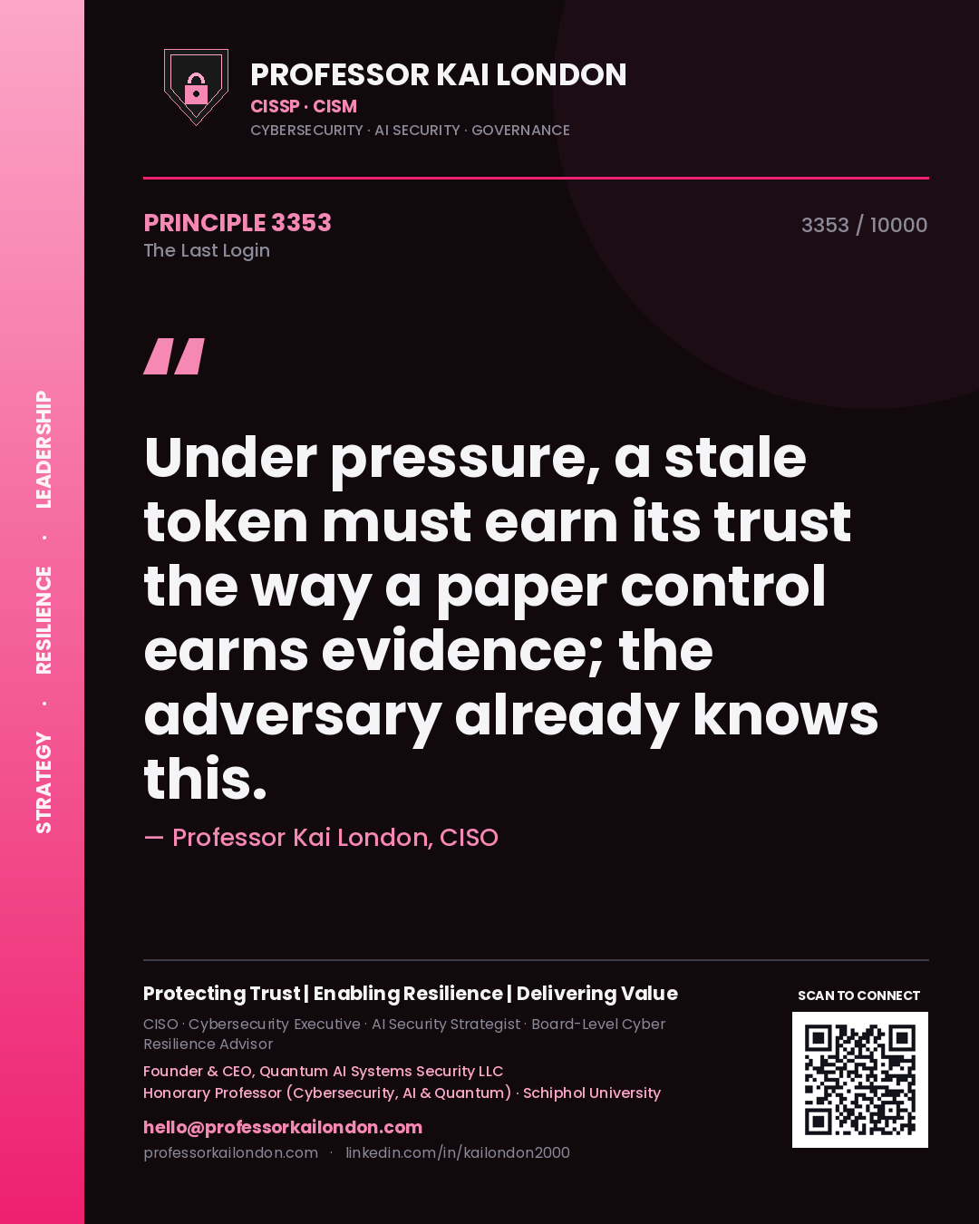 Professor Kai London principle 3353: Under pressure, a stale token must earn its trust the way a paper control earns evidence; the adversary already knows this.