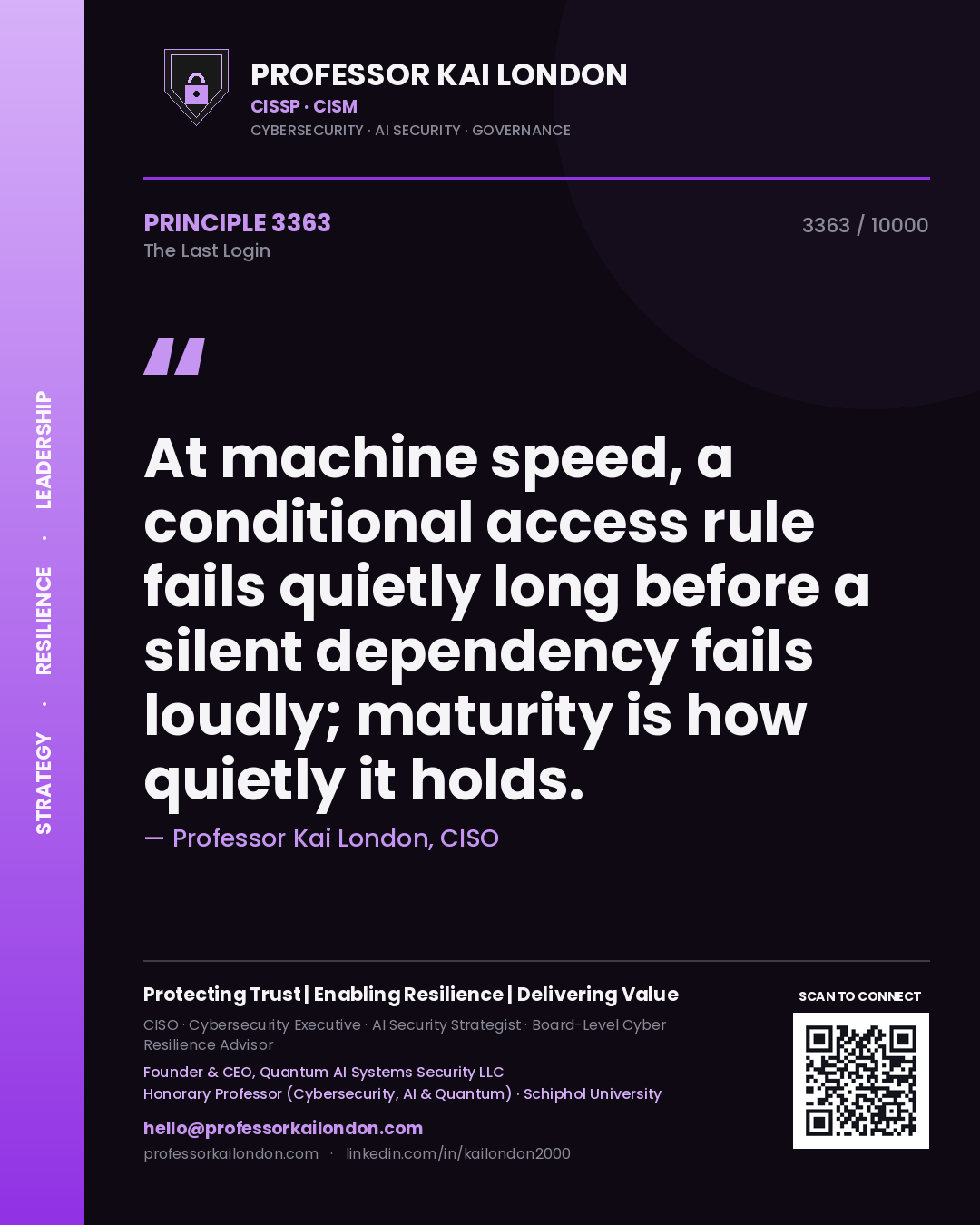 Professor Kai London principle 3363: At machine speed, a conditional access rule fails quietly long before a silent dependency fails loudly; maturity is how quietly it holds.