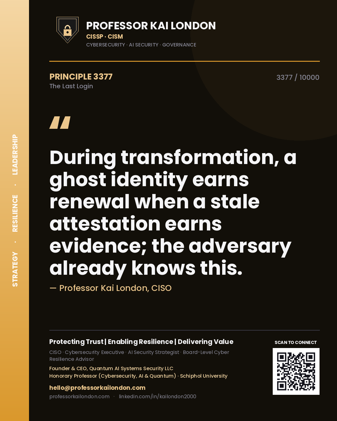 Professor Kai London principle 3377: During transformation, a ghost identity earns renewal when a stale attestation earns evidence; the adversary already knows this.