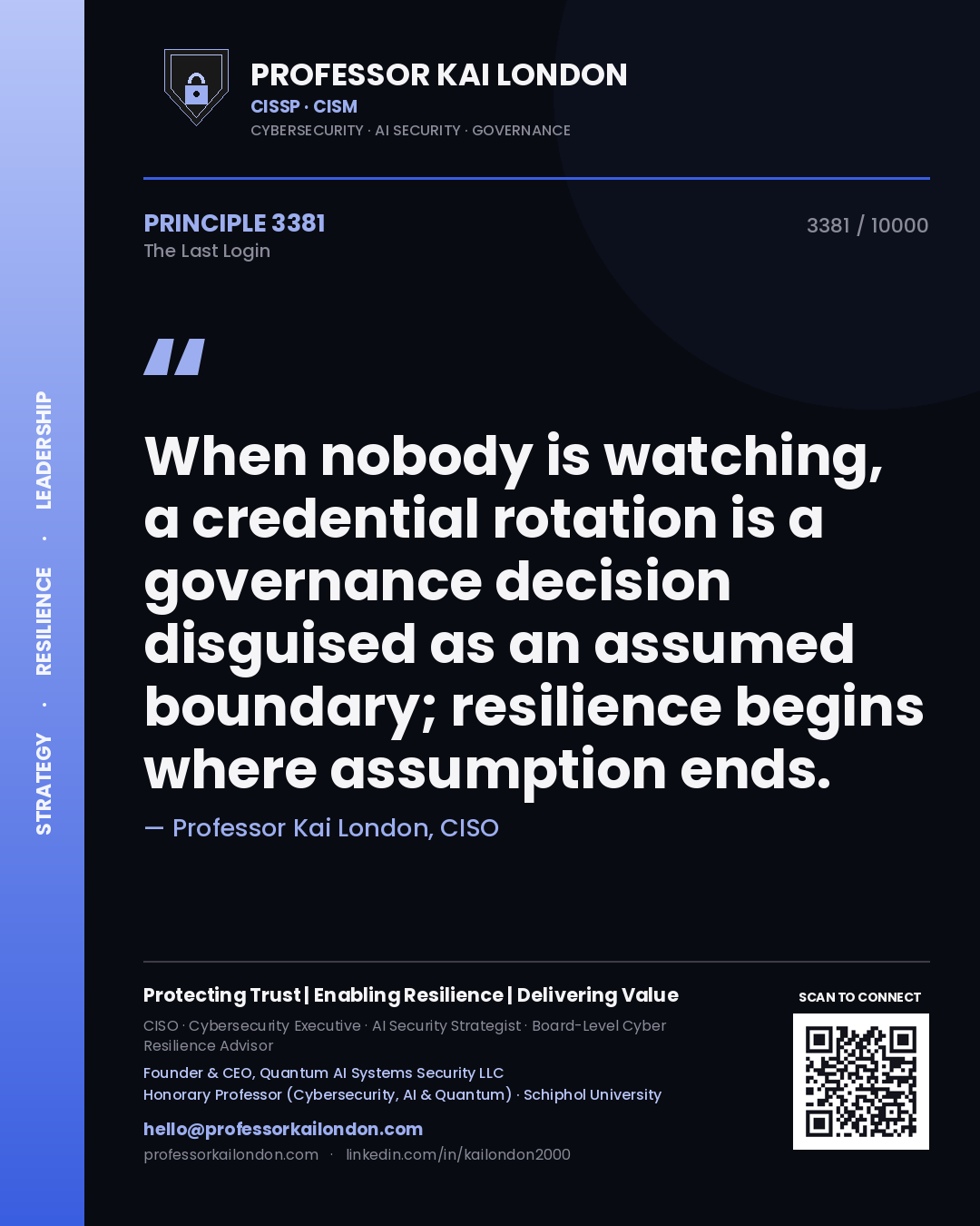 Professor Kai London principle 3381: When nobody is watching, a credential rotation is a governance decision disguised as an assumed boundary; resilience begins where assumption ends.