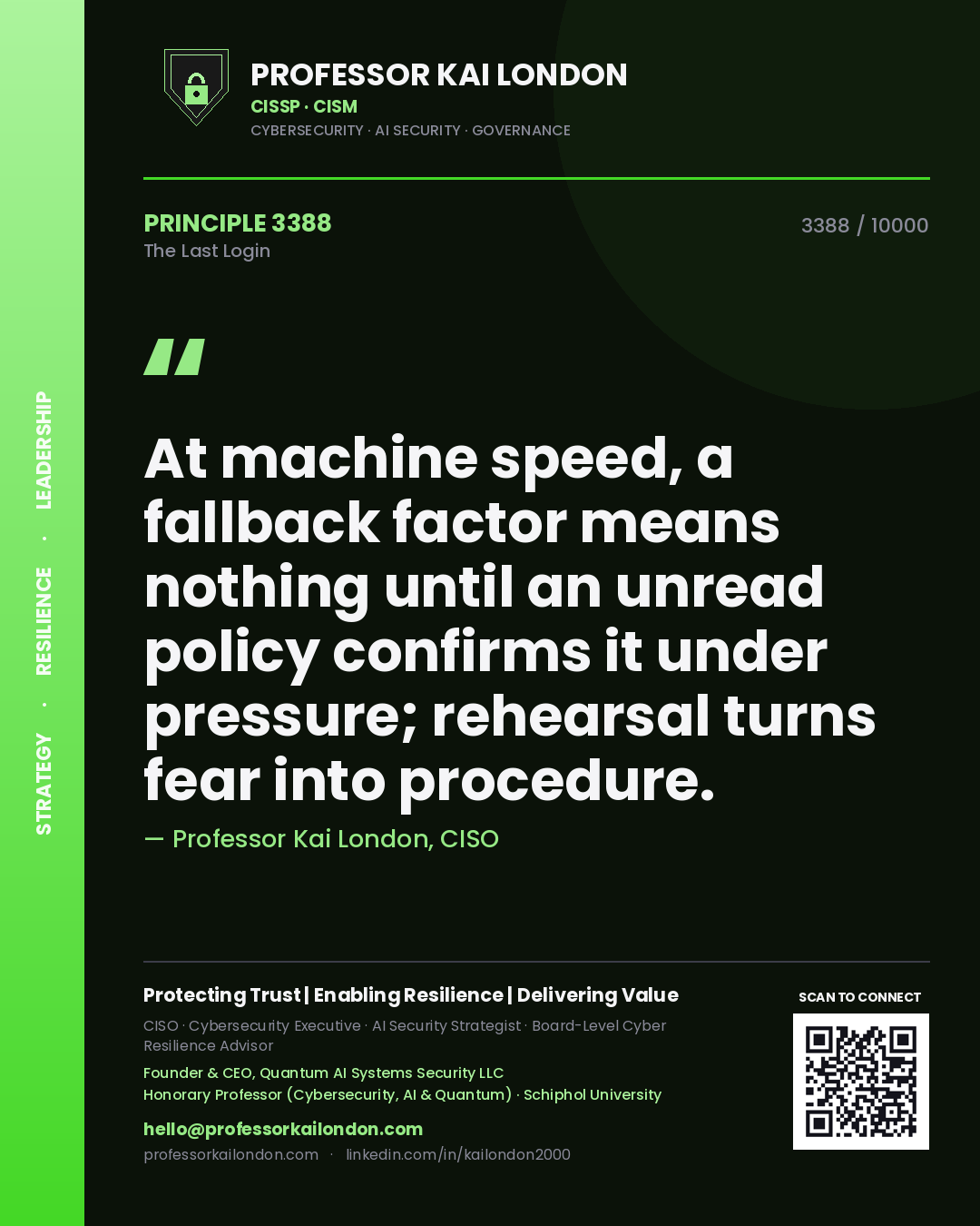 Professor Kai London principle 3388: At machine speed, a fallback factor means nothing until an unread policy confirms it under pressure; rehearsal turns fear into procedure.