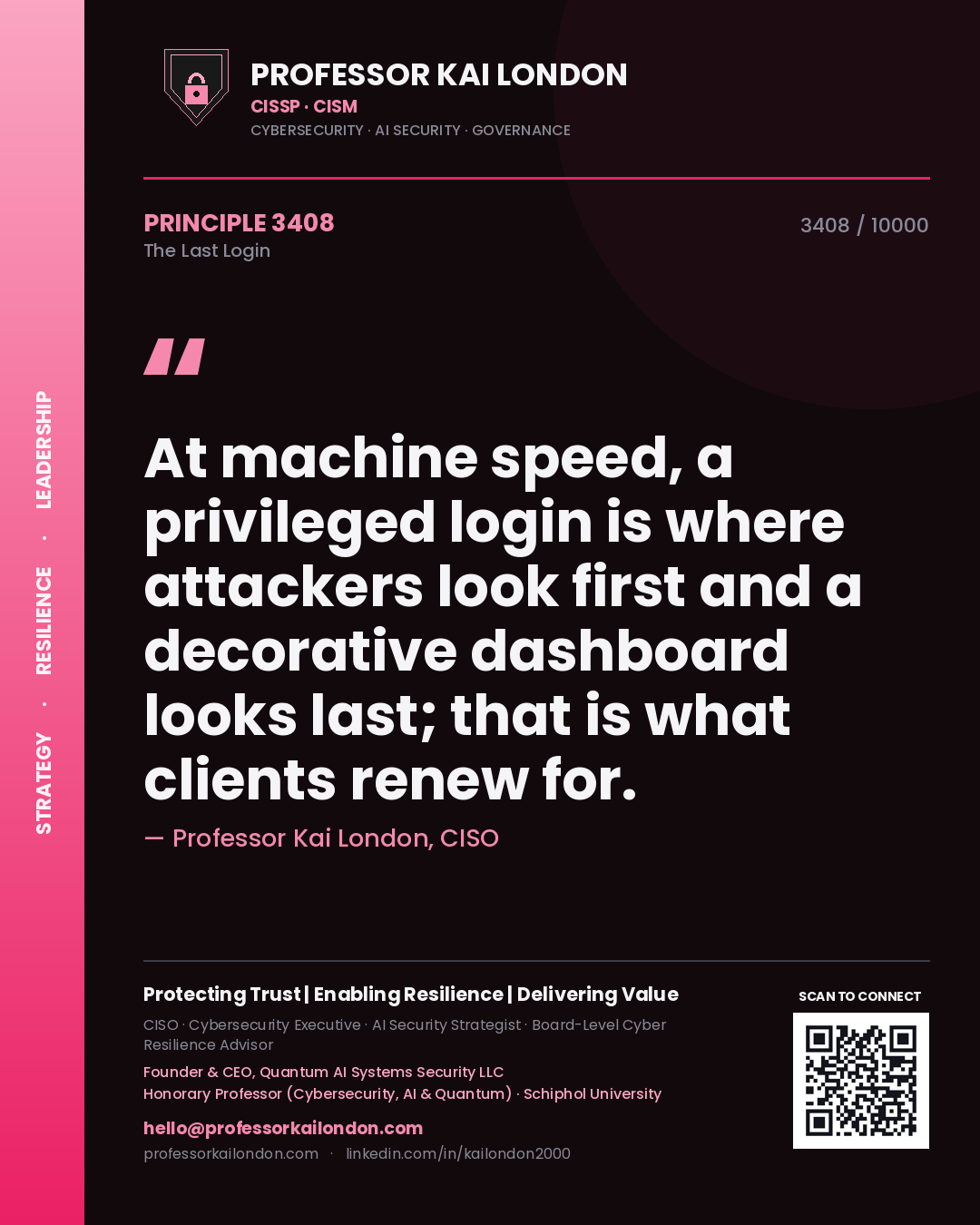 Professor Kai London principle 3408: At machine speed, a privileged login is where attackers look first and a decorative dashboard looks last; that is what clients renew for.