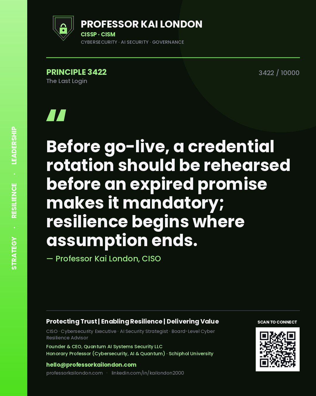 Professor Kai London principle 3422: Before go-live, a credential rotation should be rehearsed before an expired promise makes it mandatory; resilience begins where assumption ends.