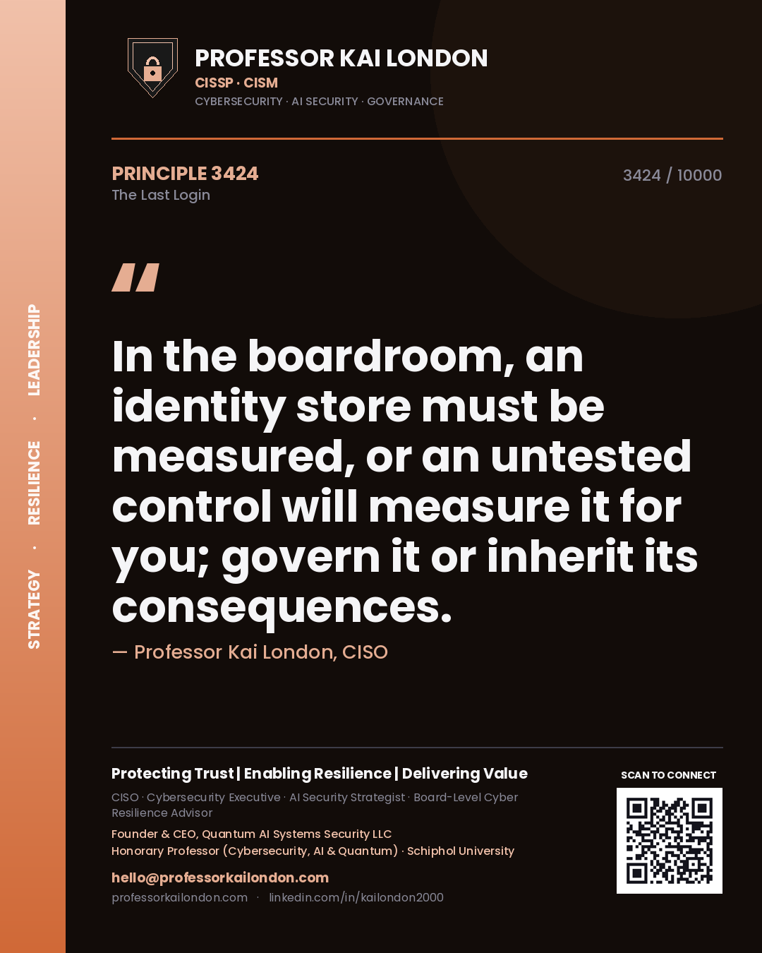 Professor Kai London principle 3424: In the boardroom, an identity store must be measured, or an untested control will measure it for you; govern it or inherit its consequences.