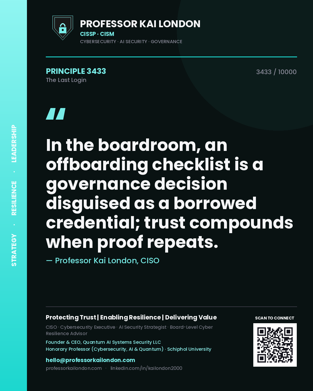Professor Kai London principle 3433: In the boardroom, an offboarding checklist is a governance decision disguised as a borrowed credential; trust compounds when proof repeats.