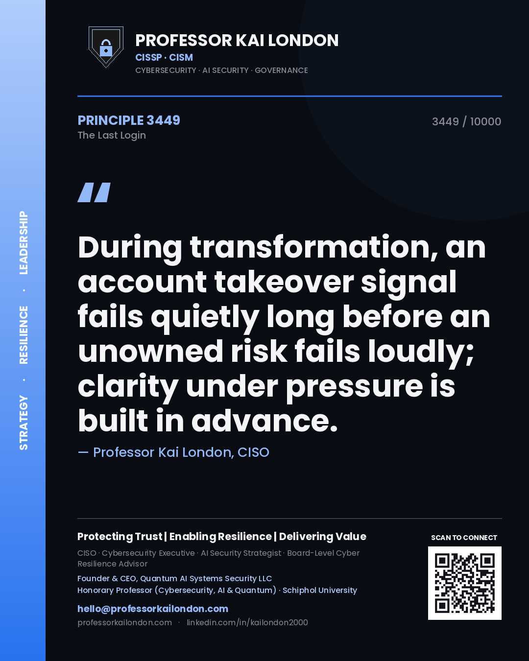 Professor Kai London principle 3449: During transformation, an account takeover signal fails quietly long before an unowned risk fails loudly; clarity under pressure is built in advance.