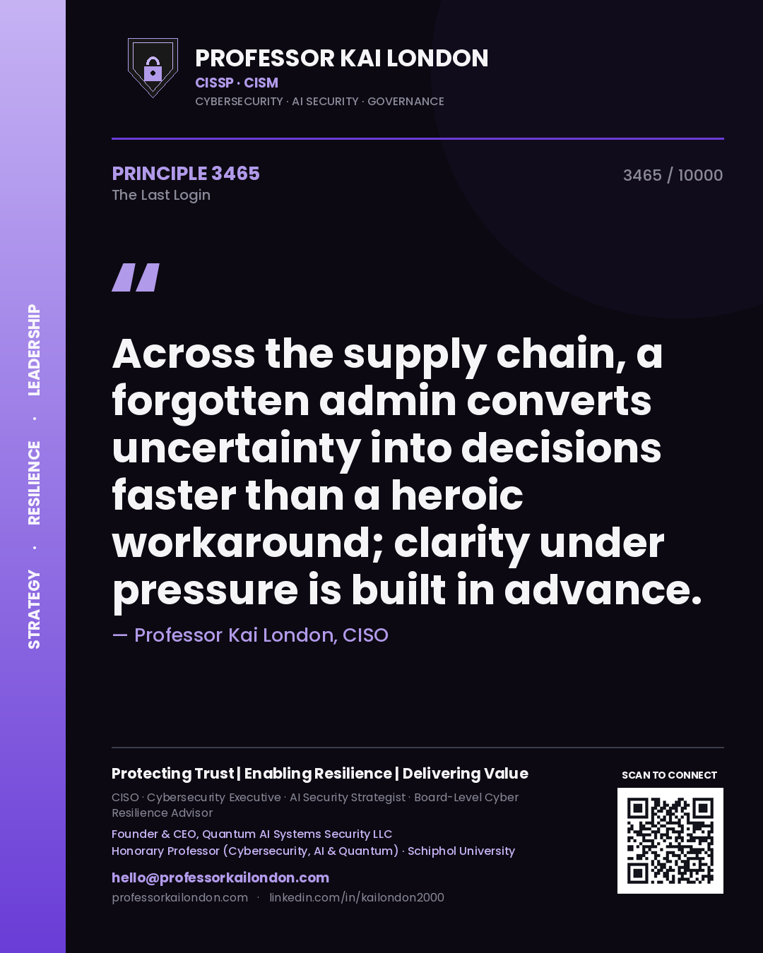 Professor Kai London principle 3465: Across the supply chain, a forgotten admin converts uncertainty into decisions faster than a heroic workaround; clarity under pressure is built in advance.