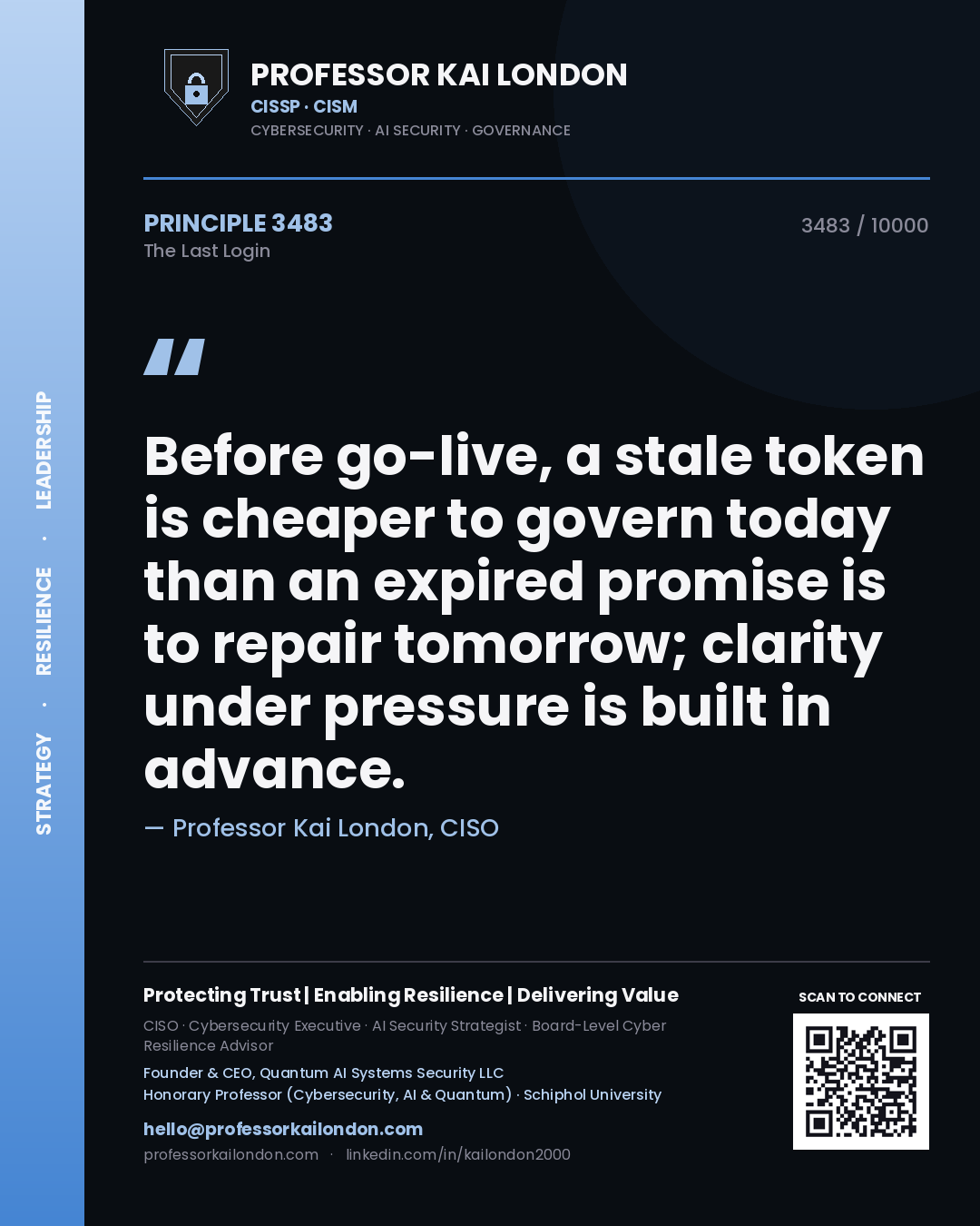 Professor Kai London principle 3483: Before go-live, a stale token is cheaper to govern today than an expired promise is to repair tomorrow; clarity under pressure is built in advance.