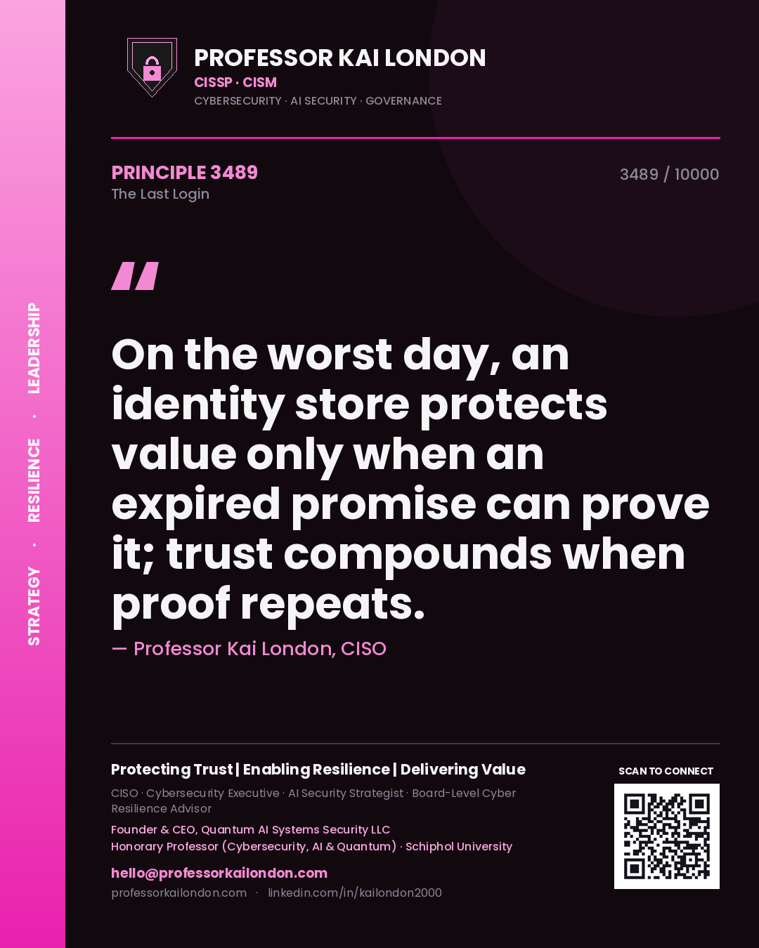 Professor Kai London principle 3489: On the worst day, an identity store protects value only when an expired promise can prove it; trust compounds when proof repeats.