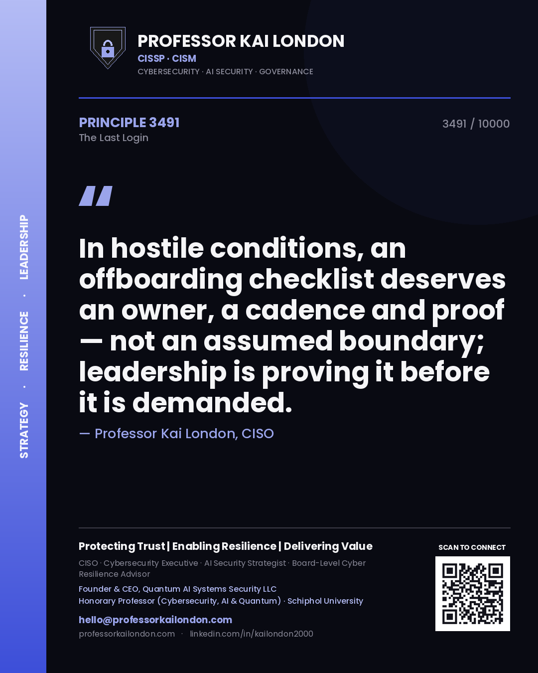 Professor Kai London principle 3491: In hostile conditions, an offboarding checklist deserves an owner, a cadence and proof — not an assumed boundary; leadership is proving it before it is demanded.