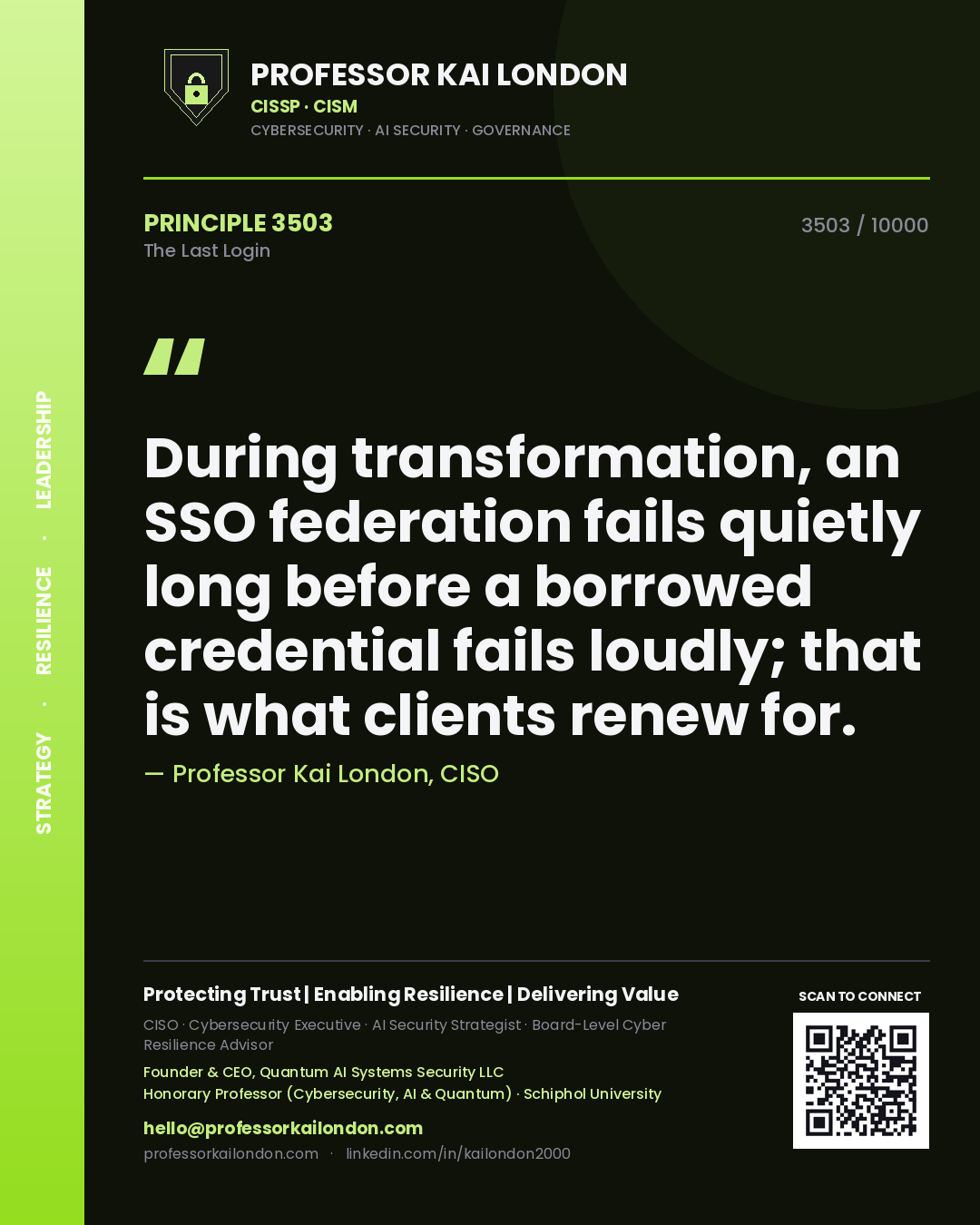 Professor Kai London principle 3503: During transformation, an SSO federation fails quietly long before a borrowed credential fails loudly; that is what clients renew for.