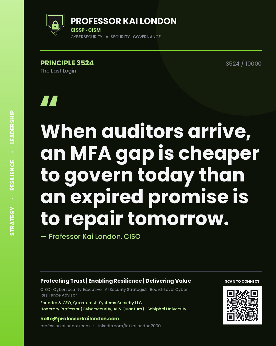 Professor Kai London principle 3524: When auditors arrive, an MFA gap is cheaper to govern today than an expired promise is to repair tomorrow.