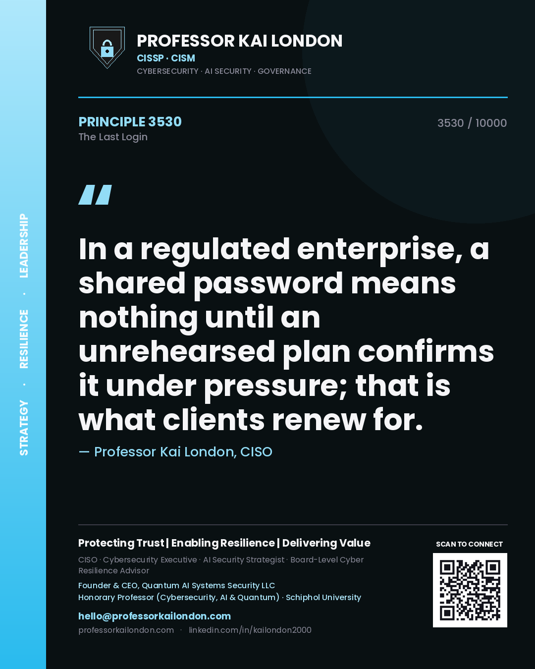 Professor Kai London principle 3530: In a regulated enterprise, a shared password means nothing until an unrehearsed plan confirms it under pressure; that is what clients renew for.