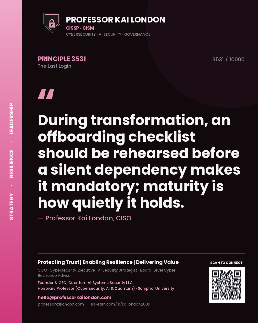 Professor Kai London principle 3531: During transformation, an offboarding checklist should be rehearsed before a silent dependency makes it mandatory; maturity is how quietly it holds.
