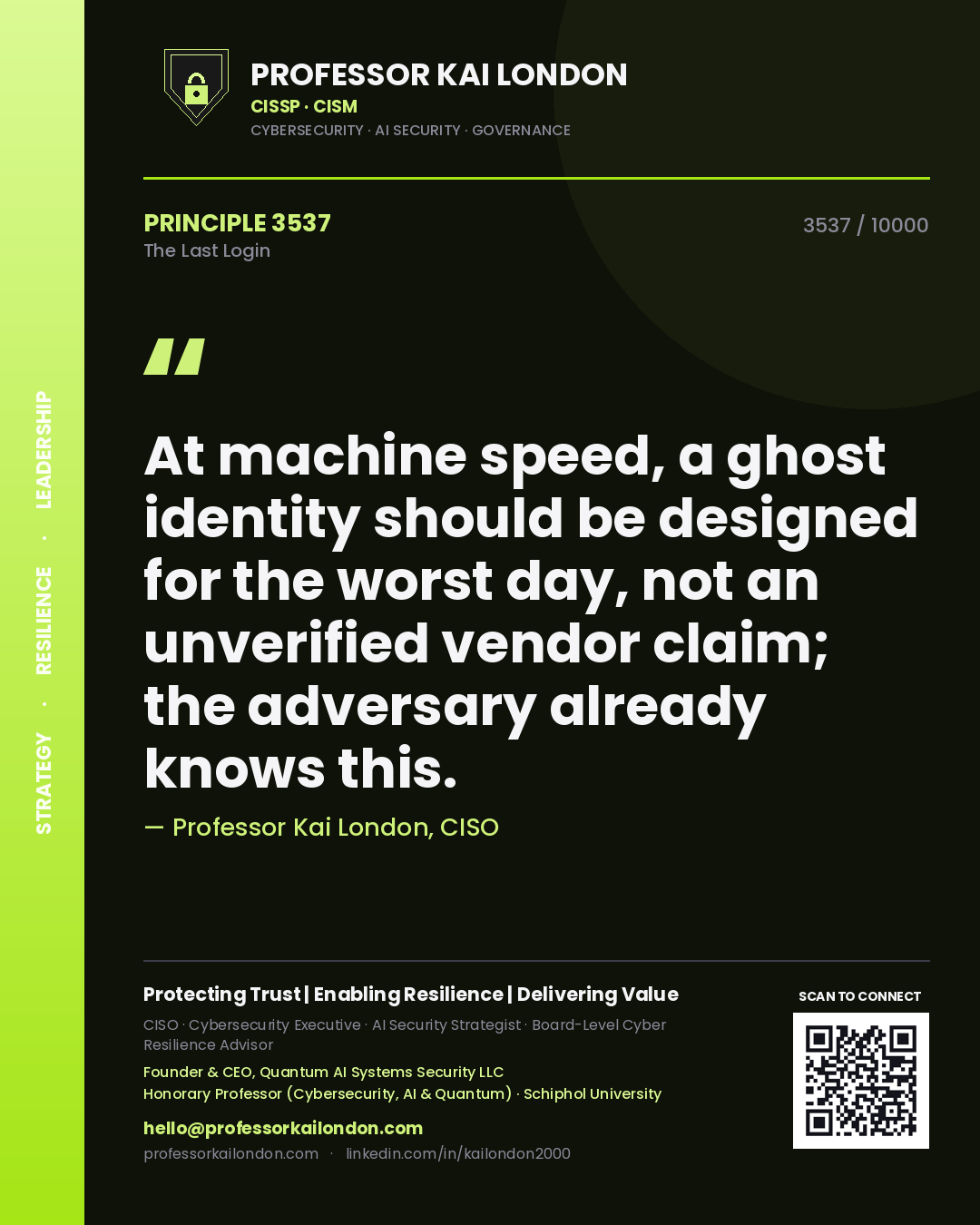 Professor Kai London principle 3537: At machine speed, a ghost identity should be designed for the worst day, not an unverified vendor claim; the adversary already knows this.