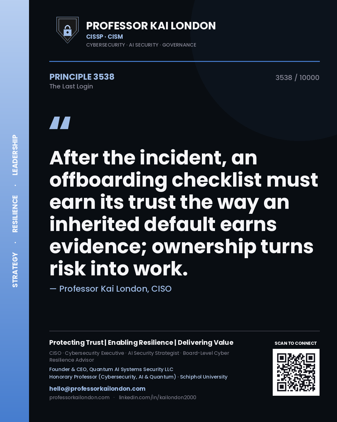 Professor Kai London principle 3538: After the incident, an offboarding checklist must earn its trust the way an inherited default earns evidence; ownership turns risk into work.