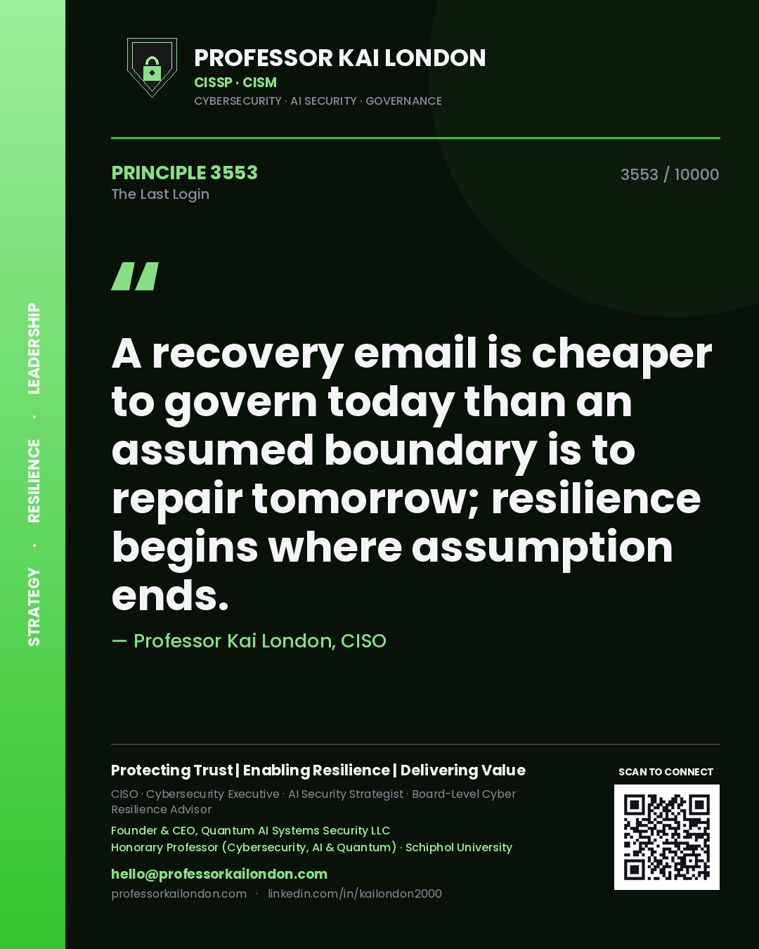 Professor Kai London principle 3553: A recovery email is cheaper to govern today than an assumed boundary is to repair tomorrow; resilience begins where assumption ends.