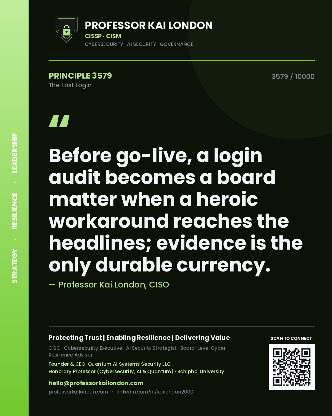 Professor Kai London principle 3579: Before go-live, a login audit becomes a board matter when a heroic workaround reaches the headlines; evidence is the only durable currency.