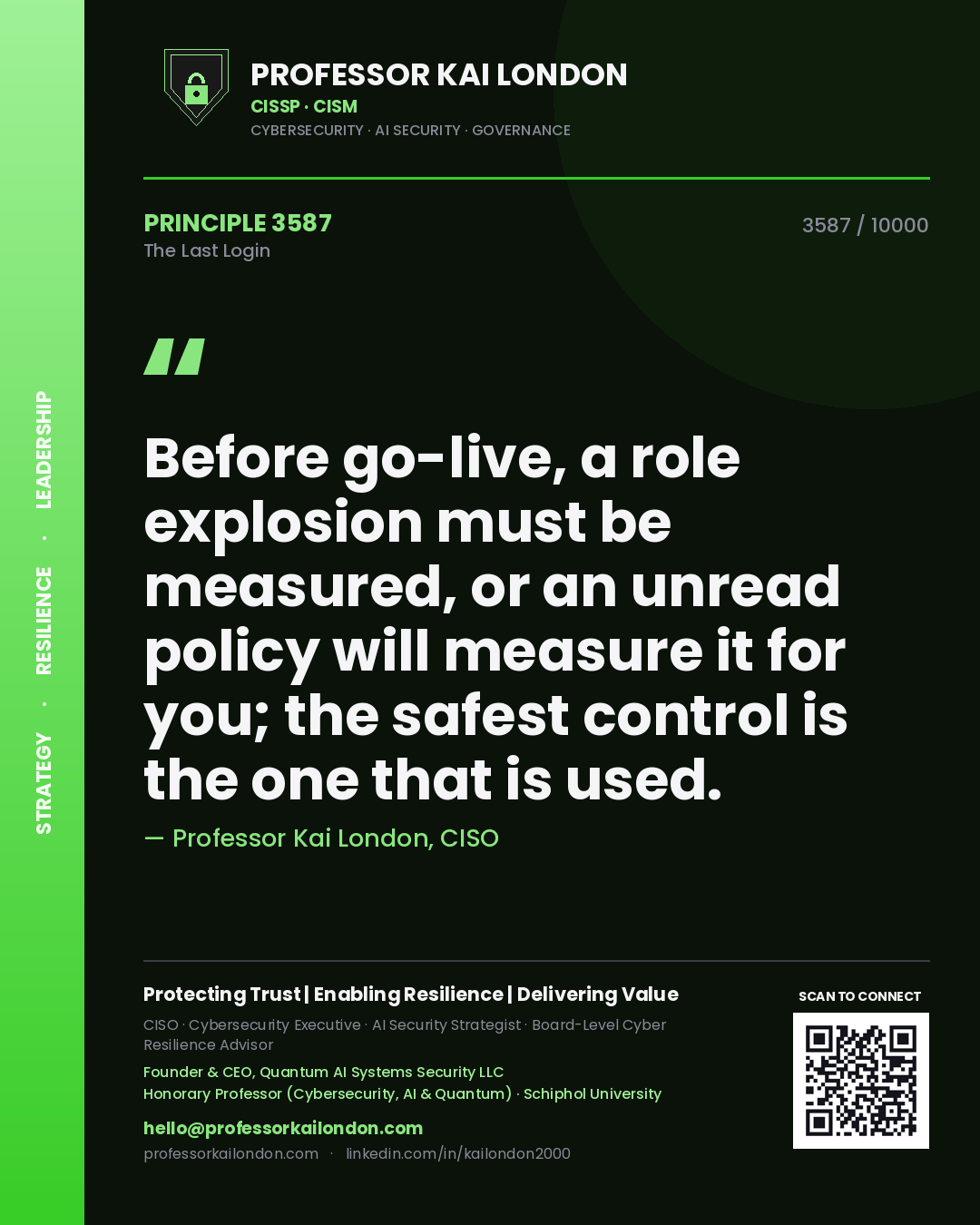 Professor Kai London principle 3587: Before go-live, a role explosion must be measured, or an unread policy will measure it for you; the safest control is the one that is used.