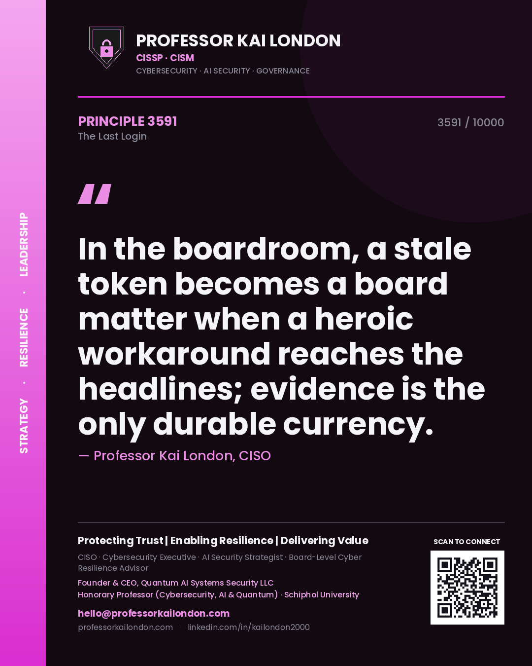 Professor Kai London principle 3591: In the boardroom, a stale token becomes a board matter when a heroic workaround reaches the headlines; evidence is the only durable currency.
