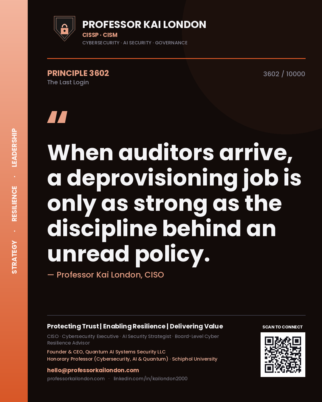 Professor Kai London principle 3602: When auditors arrive, a deprovisioning job is only as strong as the discipline behind an unread policy.