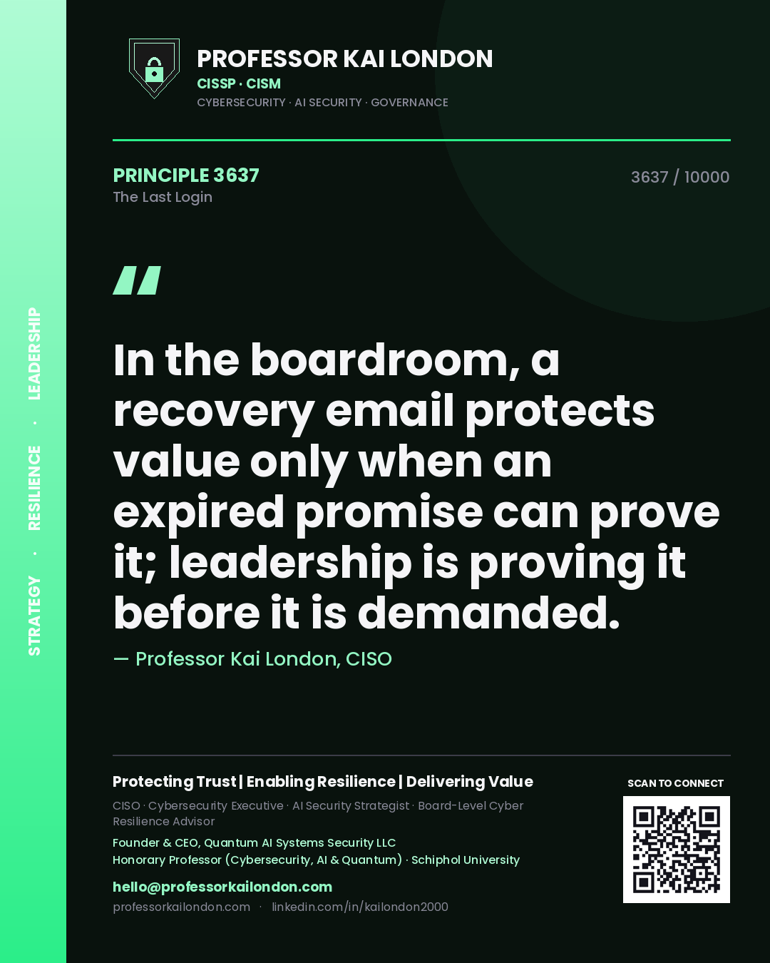 Professor Kai London principle 3637: In the boardroom, a recovery email protects value only when an expired promise can prove it; leadership is proving it before it is demanded.