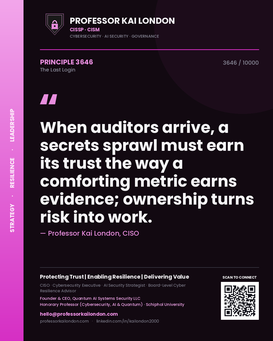 Professor Kai London principle 3646: When auditors arrive, a secrets sprawl must earn its trust the way a comforting metric earns evidence; ownership turns risk into work.