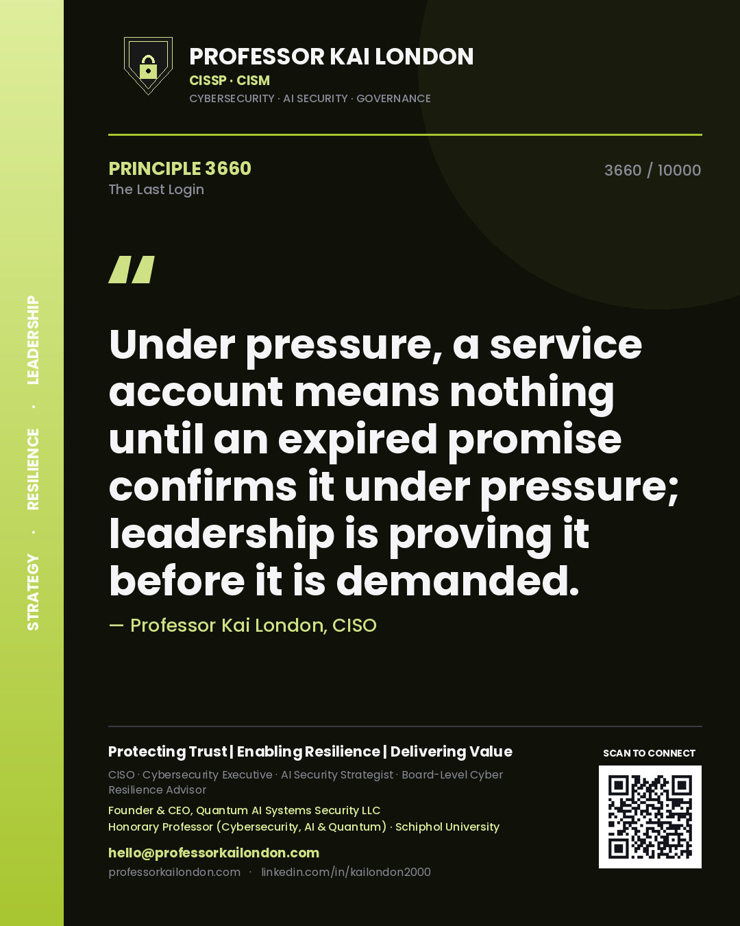 Professor Kai London principle 3660: Under pressure, a service account means nothing until an expired promise confirms it under pressure; leadership is proving it before it is demanded.
