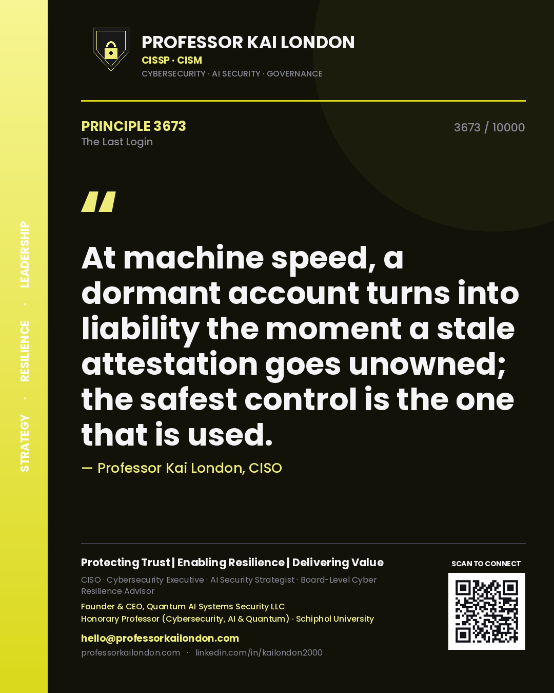 Professor Kai London principle 3673: At machine speed, a dormant account turns into liability the moment a stale attestation goes unowned; the safest control is the one that is used.