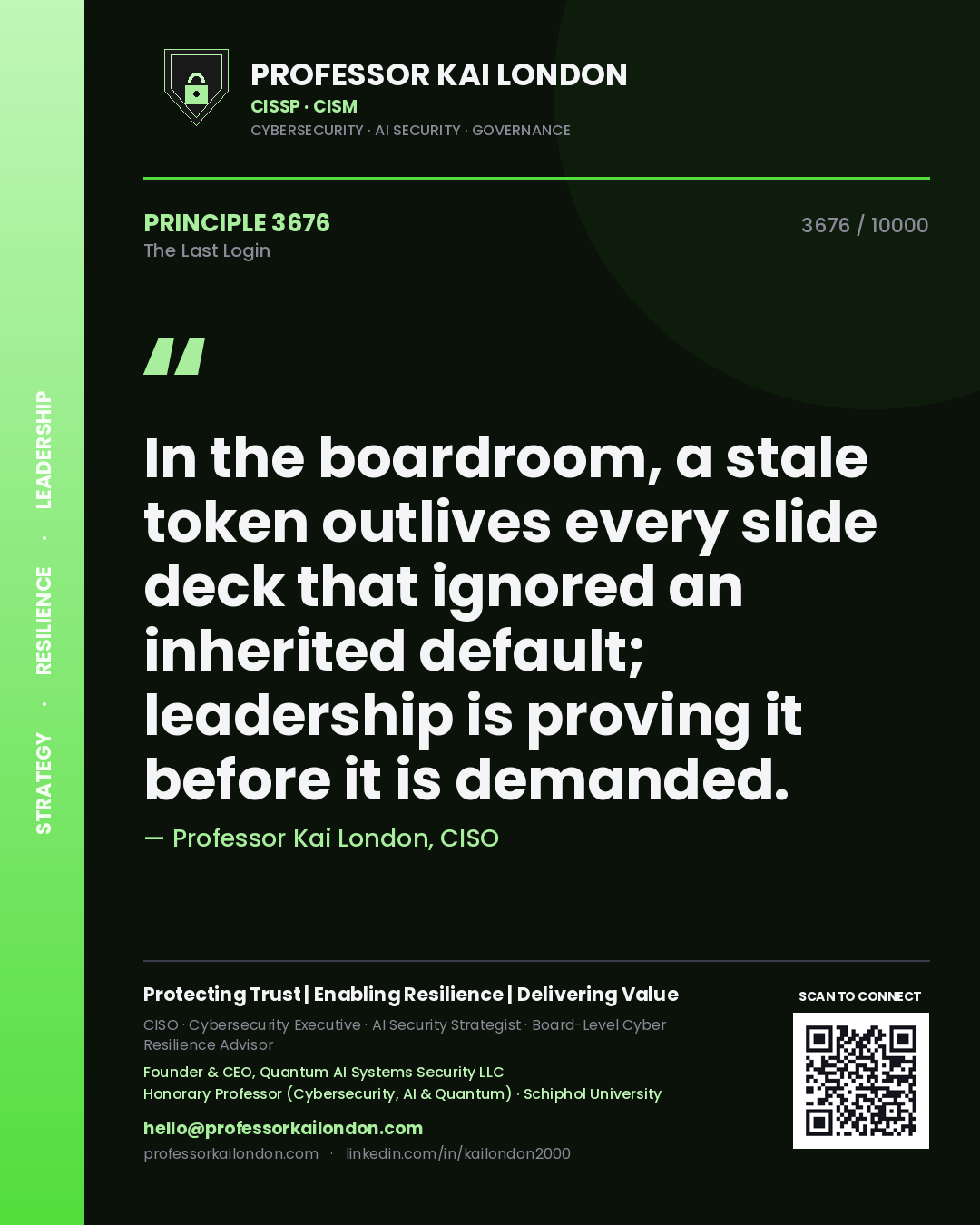 Professor Kai London principle 3676: In the boardroom, a stale token outlives every slide deck that ignored an inherited default; leadership is proving it before it is demanded.