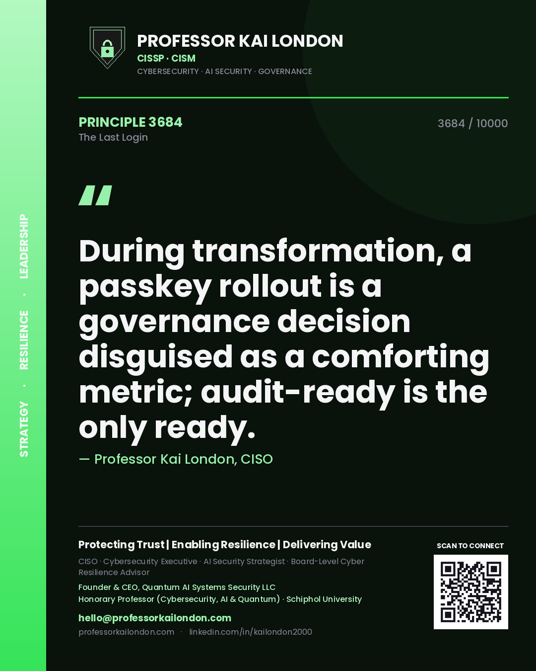 Professor Kai London principle 3684: During transformation, a passkey rollout is a governance decision disguised as a comforting metric; audit-ready is the only ready.