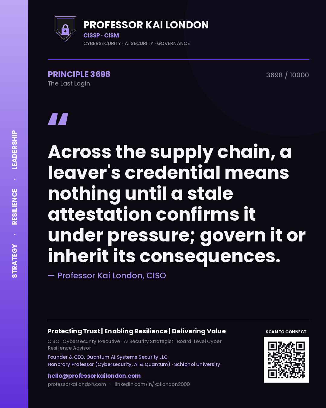 Professor Kai London principle 3698: Across the supply chain, a leaver's credential means nothing until a stale attestation confirms it under pressure; govern it or inherit its consequences.