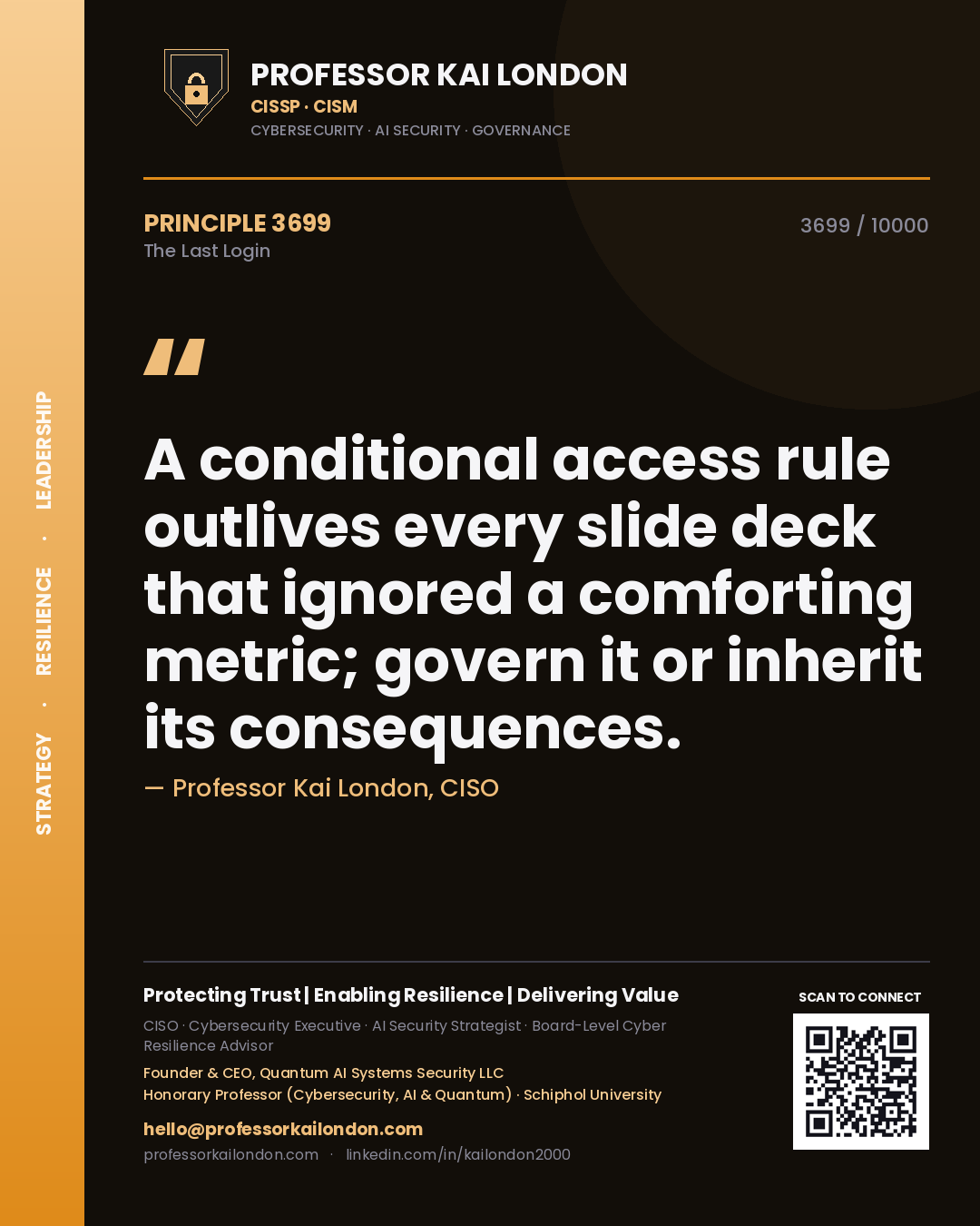 Professor Kai London principle 3699: A conditional access rule outlives every slide deck that ignored a comforting metric; govern it or inherit its consequences.