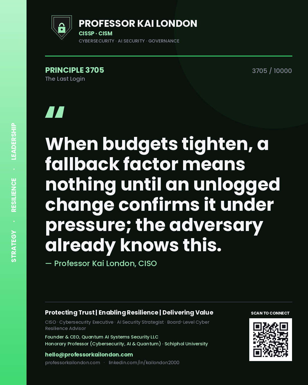 Professor Kai London principle 3705: When budgets tighten, a fallback factor means nothing until an unlogged change confirms it under pressure; the adversary already knows this.