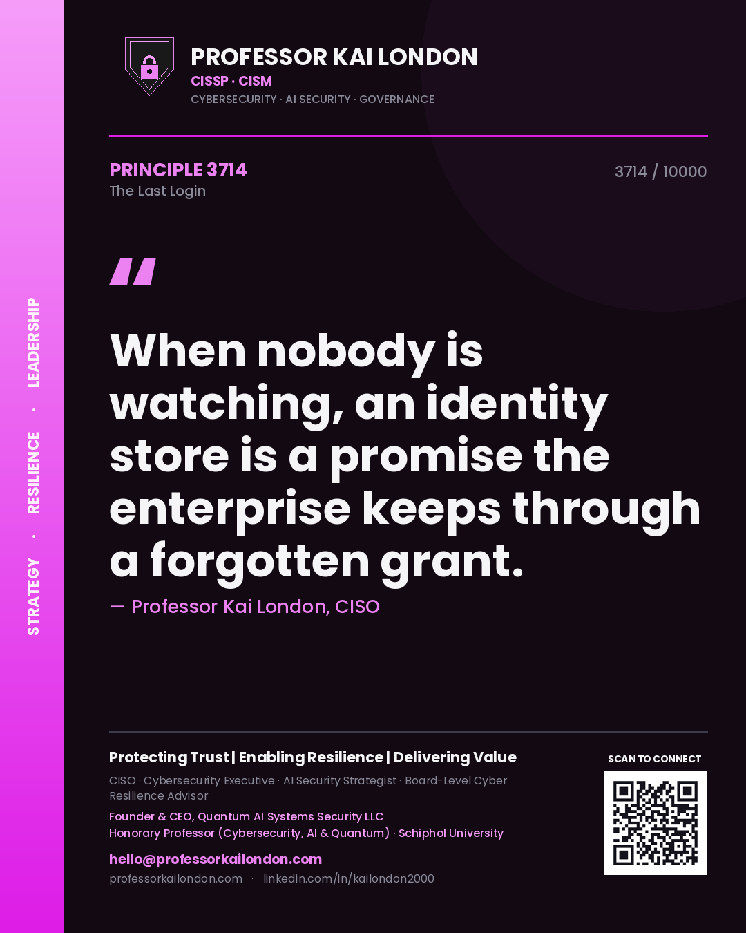 Professor Kai London principle 3714: When nobody is watching, an identity store is a promise the enterprise keeps through a forgotten grant.