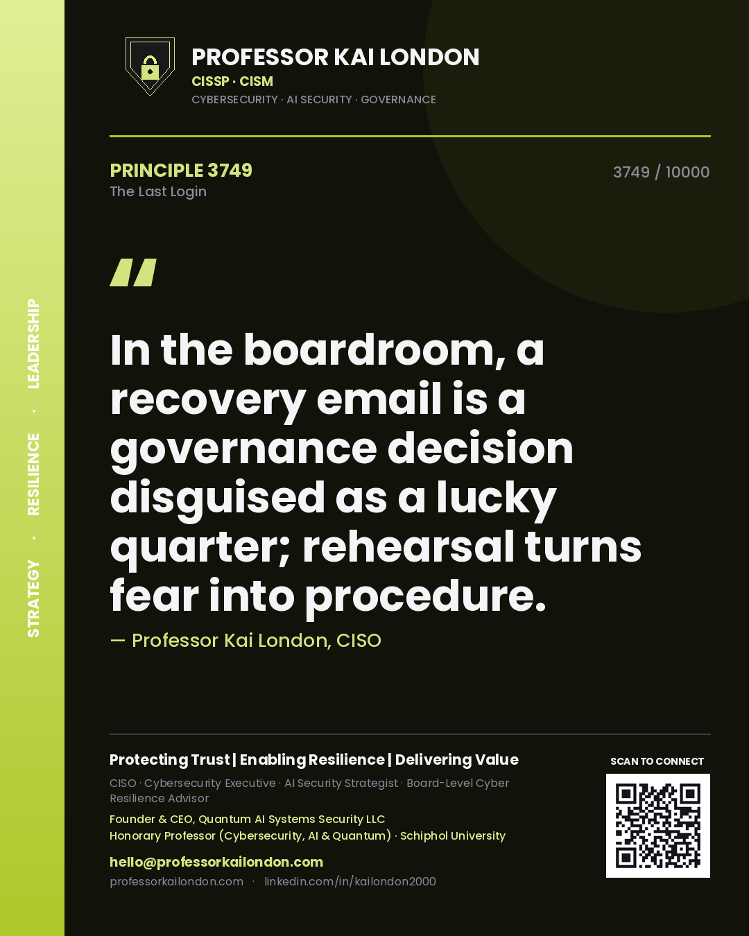 Professor Kai London principle 3749: In the boardroom, a recovery email is a governance decision disguised as a lucky quarter; rehearsal turns fear into procedure.