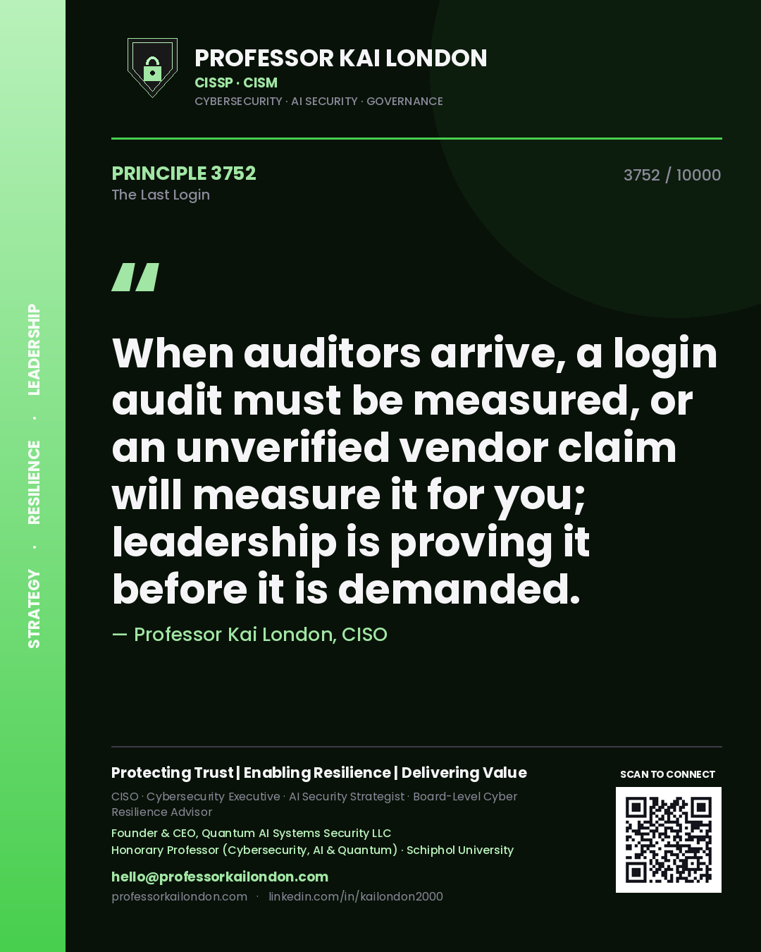Professor Kai London principle 3752: When auditors arrive, a login audit must be measured, or an unverified vendor claim will measure it for you; leadership is proving it before it is demanded.