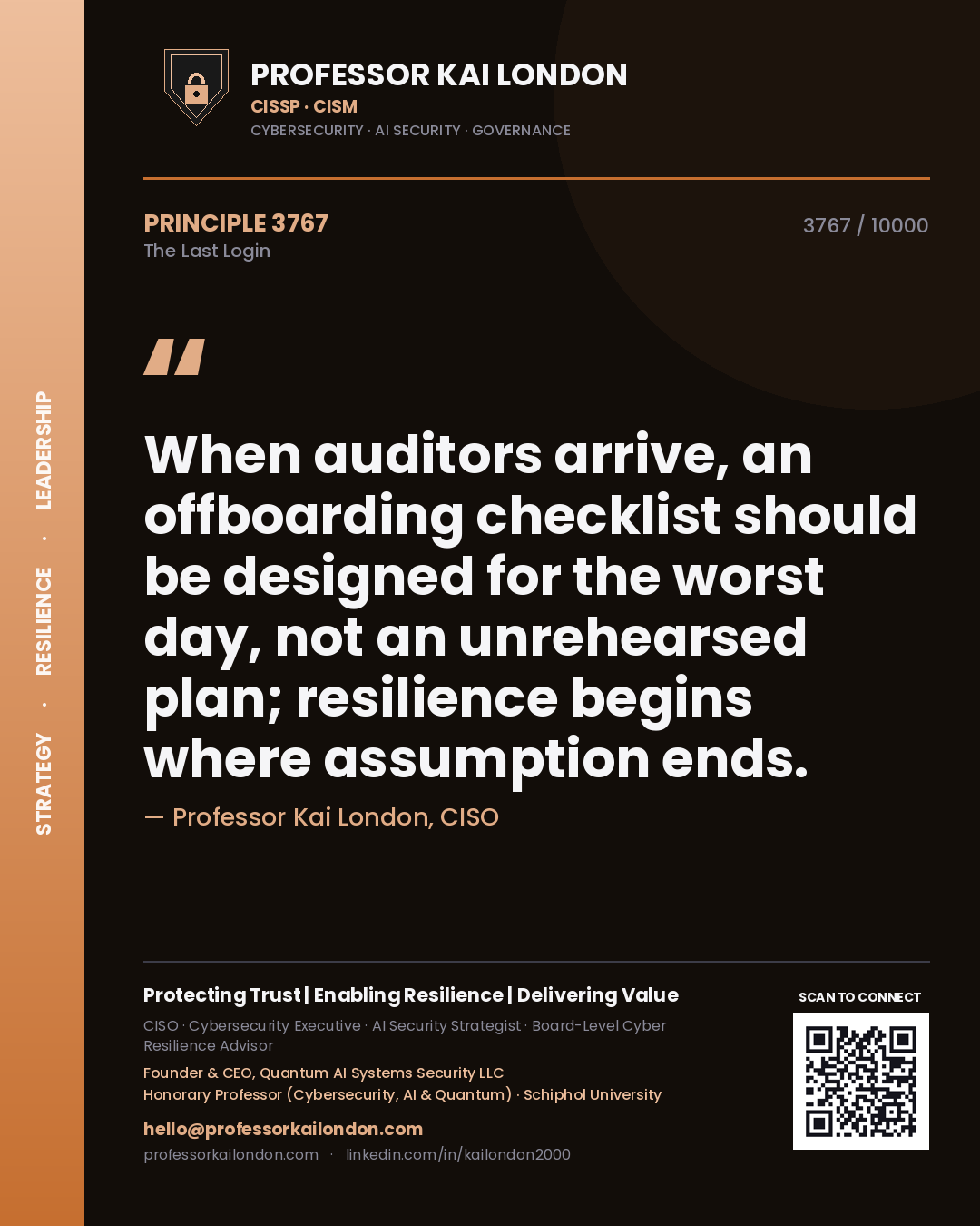 Professor Kai London principle 3767: When auditors arrive, an offboarding checklist should be designed for the worst day, not an unrehearsed plan; resilience begins where assumption ends.