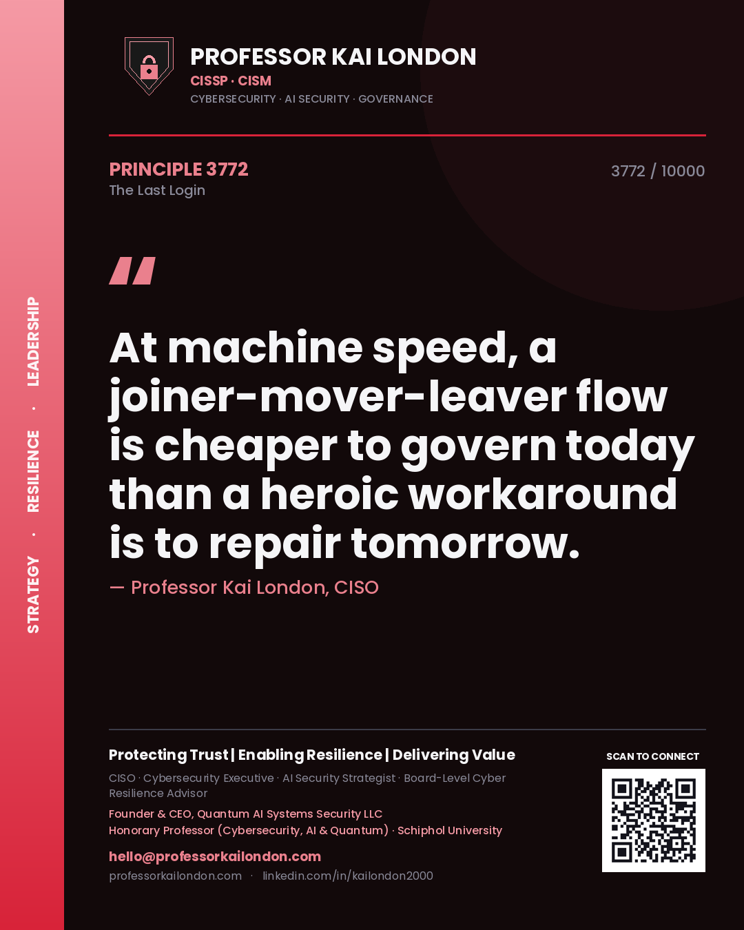 Professor Kai London principle 3772: At machine speed, a joiner-mover-leaver flow is cheaper to govern today than a heroic workaround is to repair tomorrow.