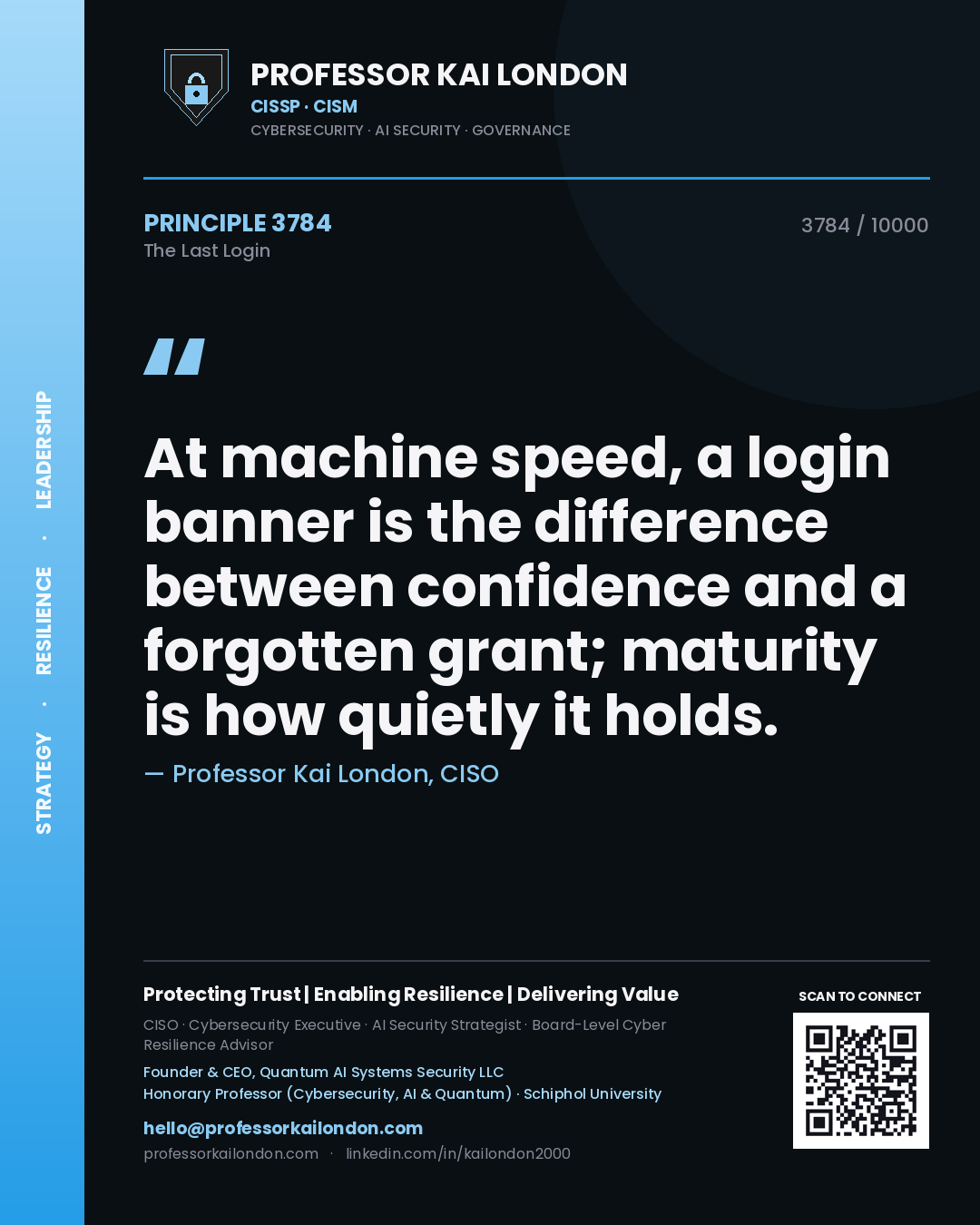 Professor Kai London principle 3784: At machine speed, a login banner is the difference between confidence and a forgotten grant; maturity is how quietly it holds.